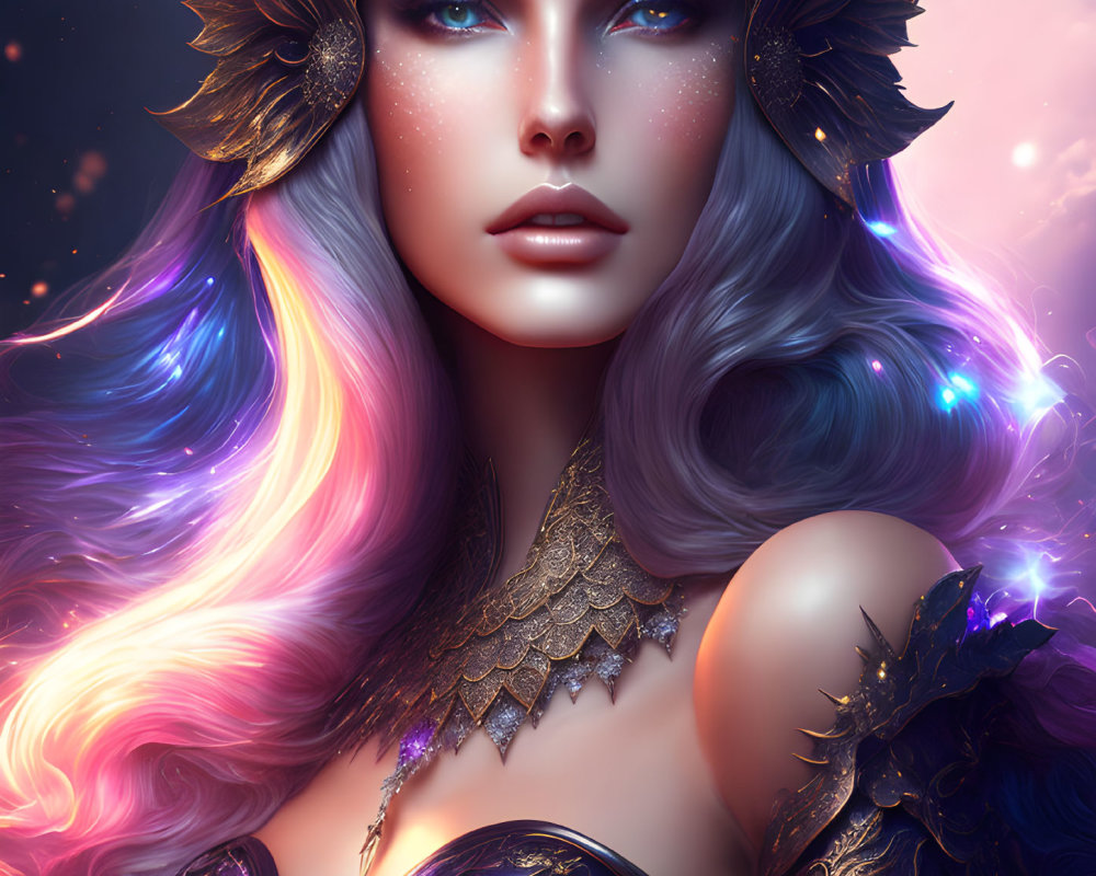 Multicolored Hair Woman in Golden Armor with Cosmic Background