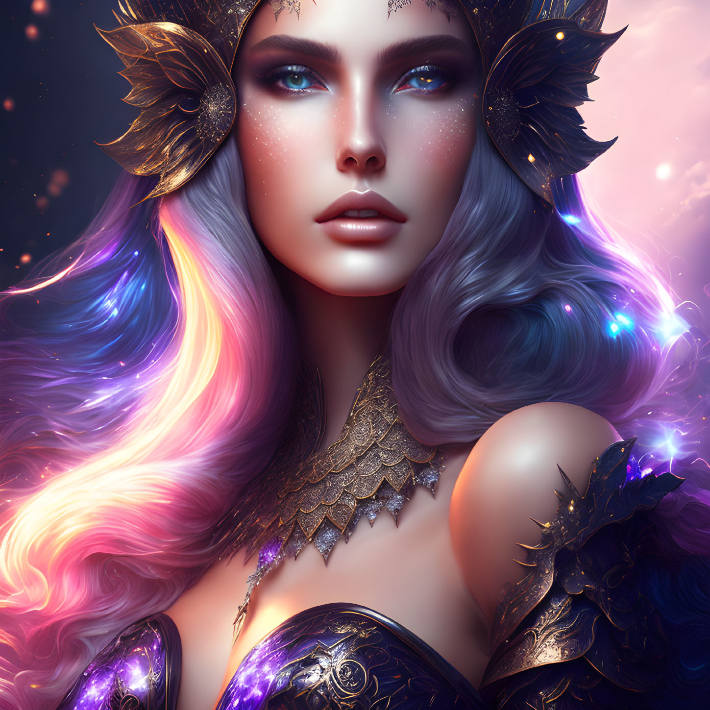 Multicolored Hair Woman in Golden Armor with Cosmic Background