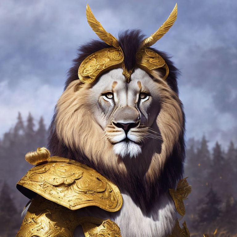 Majestic lion in golden armor with winged helmet in forest setting