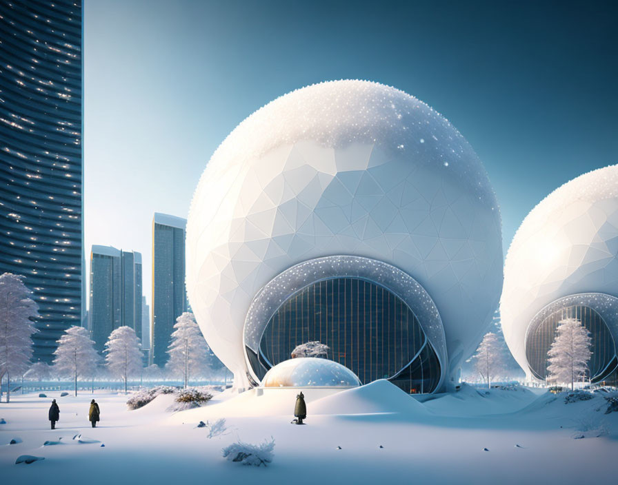 Geometric futuristic domes in snowy landscape with people and buildings