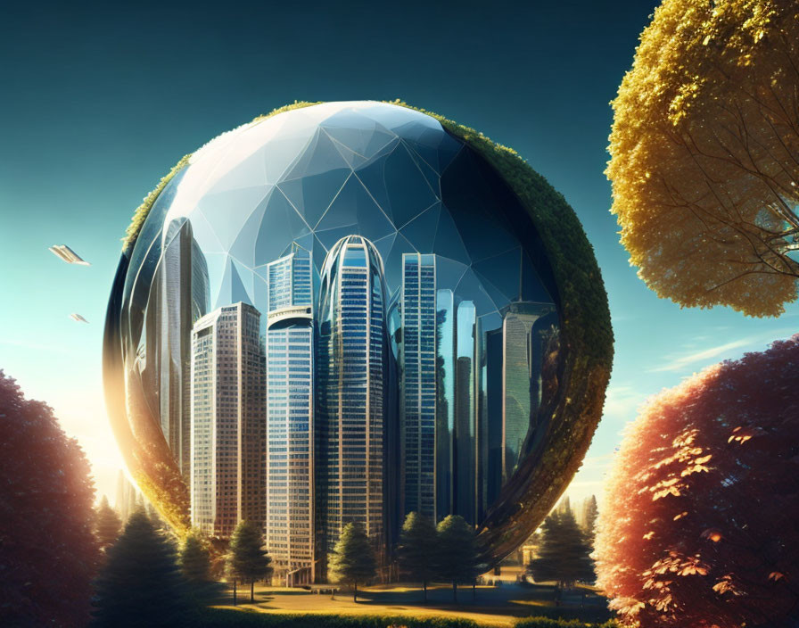 Futuristic city under protective dome in lush landscape