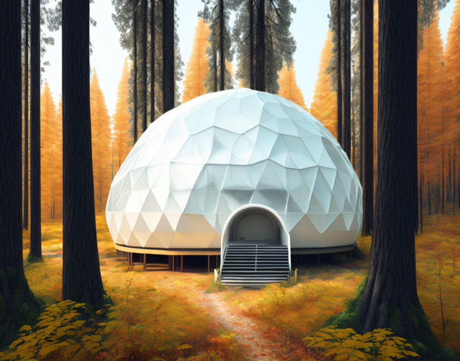 Futuristic geodesic dome in autumn forest with metallic entrance