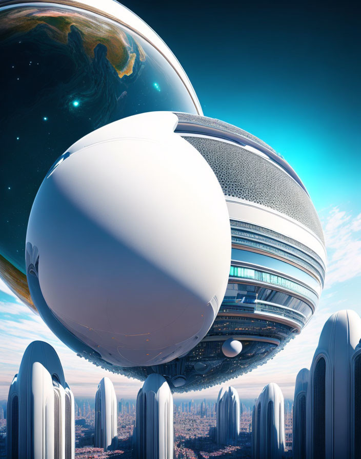 Futuristic cityscape with floating spherical structure and Earth view