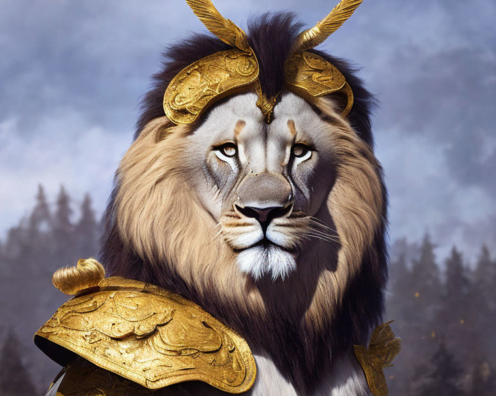 Majestic lion in golden armor with winged helmet in forest setting