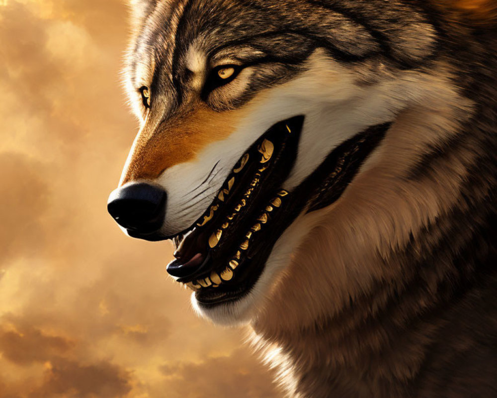 Detailed digital portrait of snarling wolf against golden cloud backdrop