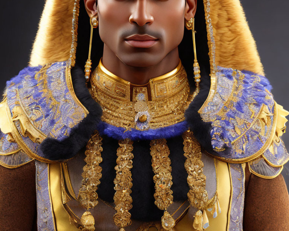 Regal person in ornate golden outfit with blue accents and lavish jewelry