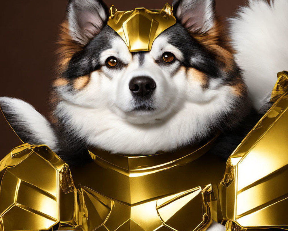 Regal dog in golden armor on brown background