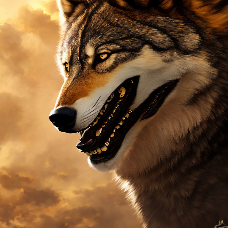 Detailed digital portrait of snarling wolf against golden cloud backdrop