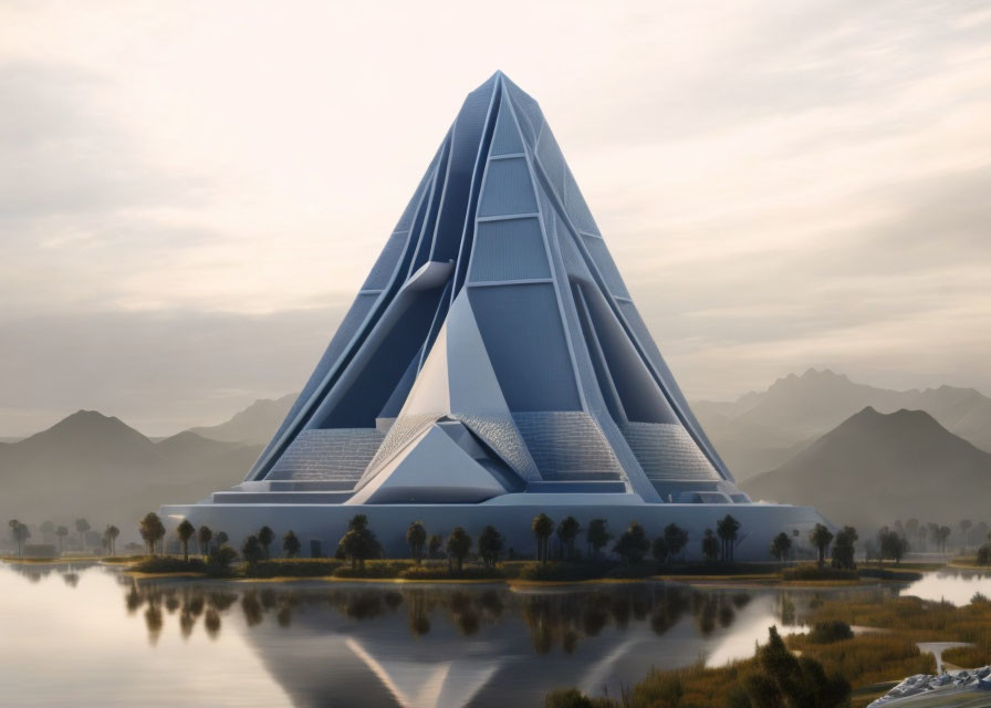 Futuristic pyramid building reflected in tranquil water at sunrise or sunset