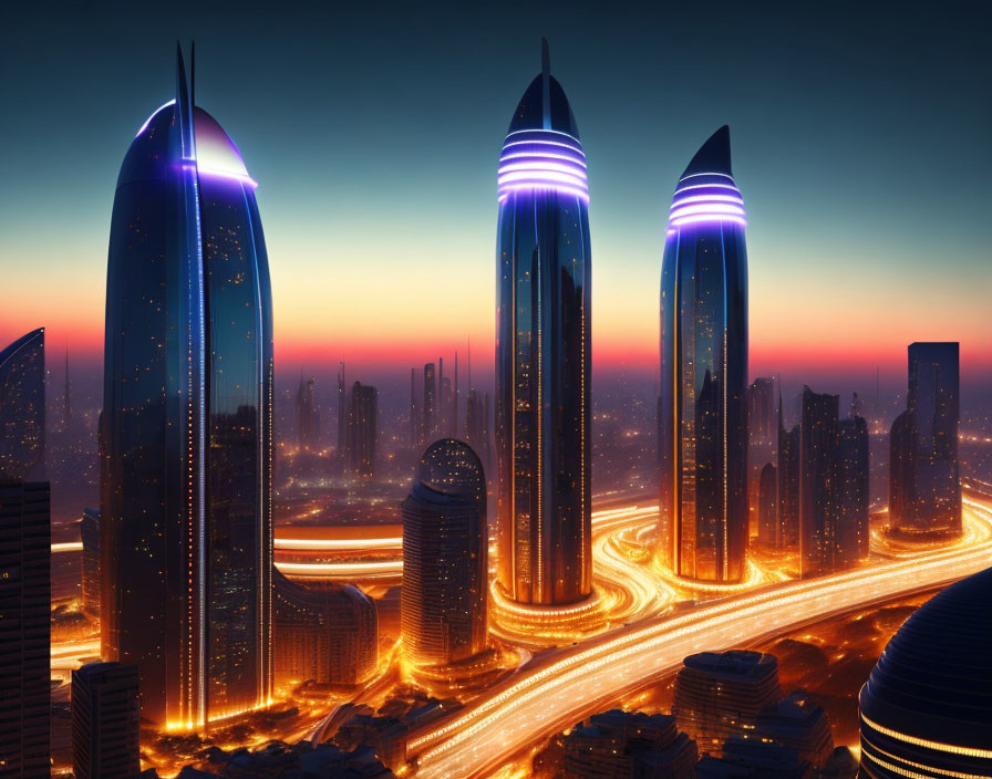 Futuristic cityscape at dusk: neon-lit skyscrapers and traffic trails