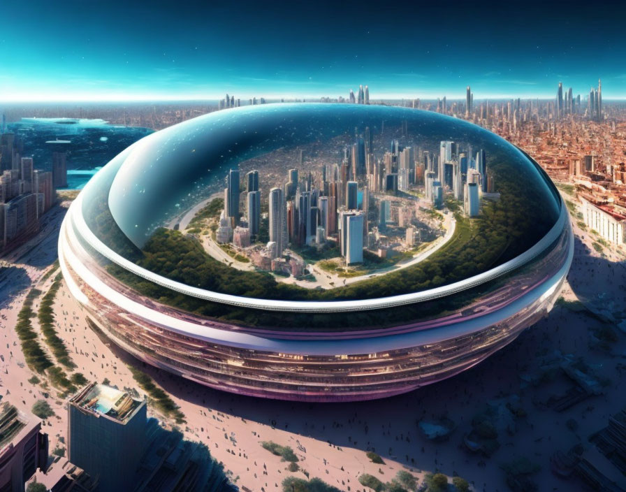 Futuristic city under giant glass dome with skyscrapers and green spaces