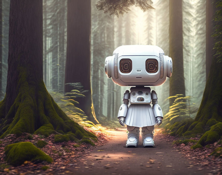 Robot in Misty Forest with Large Eyes