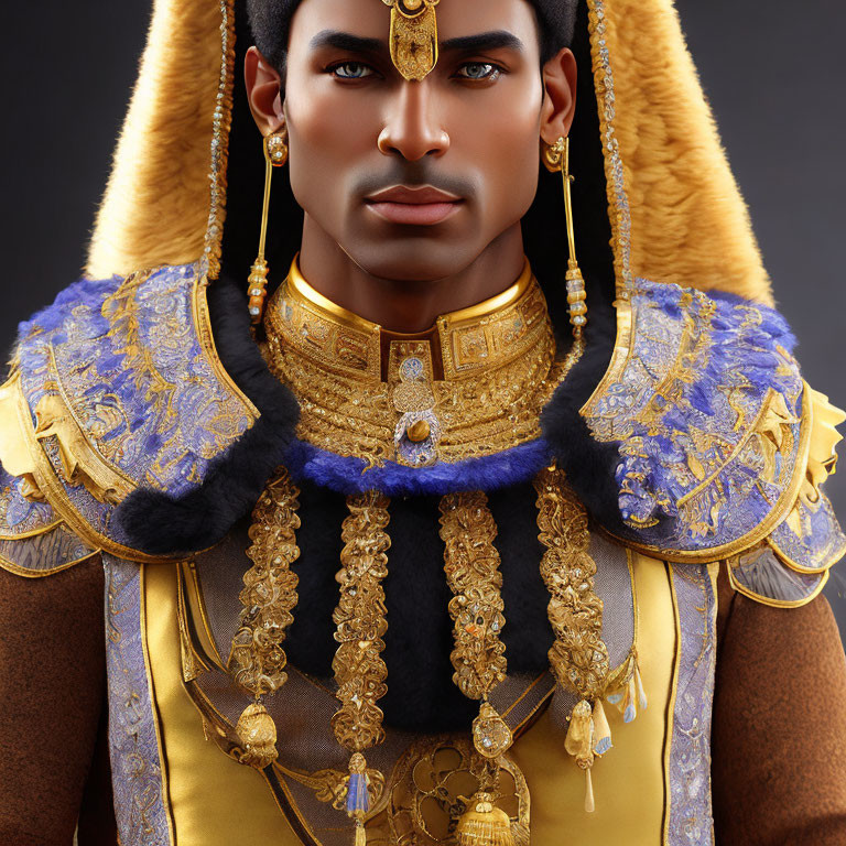 Regal person in ornate golden outfit with blue accents and lavish jewelry