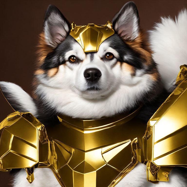 Regal dog in golden armor on brown background