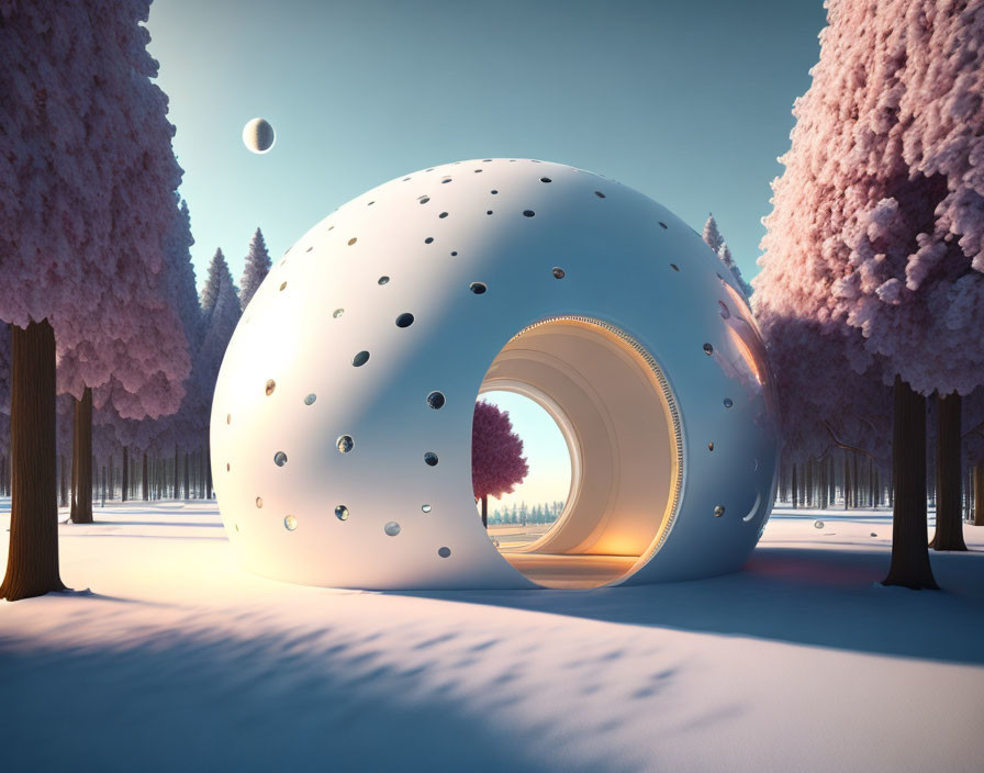 Futuristic white dome structure in snowy forest with pink foliage