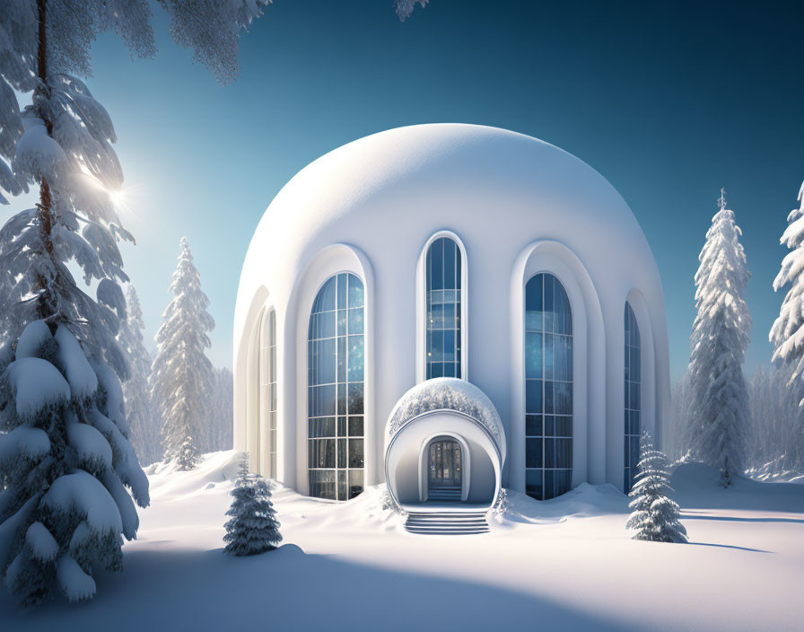 Snow-covered modern building in serene winter forest