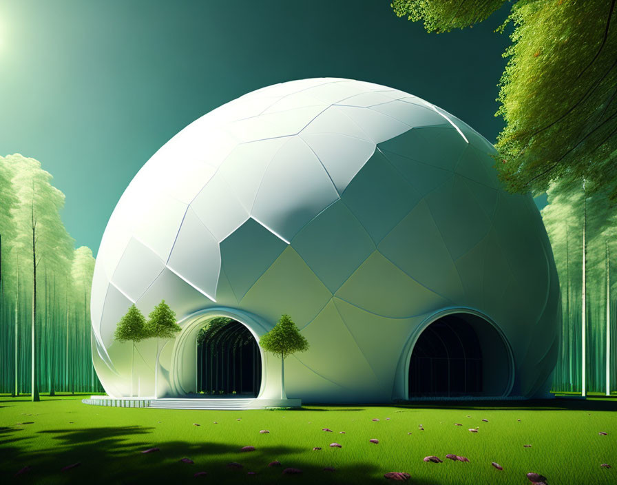 Futuristic white dome structure with geometric patterns in lush green landscape