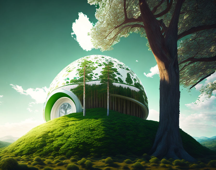 Spherical eco-friendly building with green roof under tree shadow