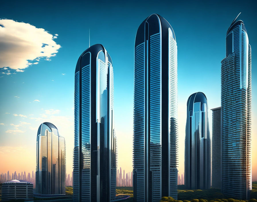 Modern skyscrapers in futuristic cityscape with lush greenery against blue sky