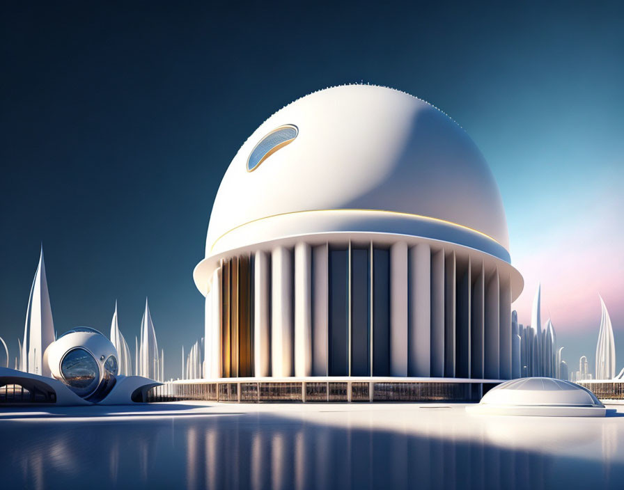 Futuristic building with dome and columns in twilight cityscape