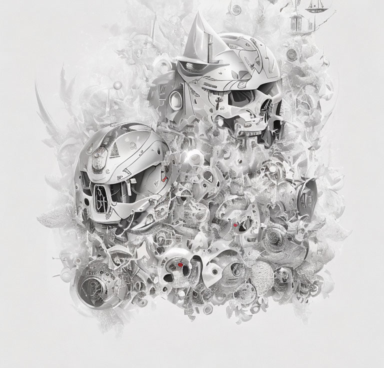 Monochromatic digital artwork of intricate mechanical elements in symmetrical design