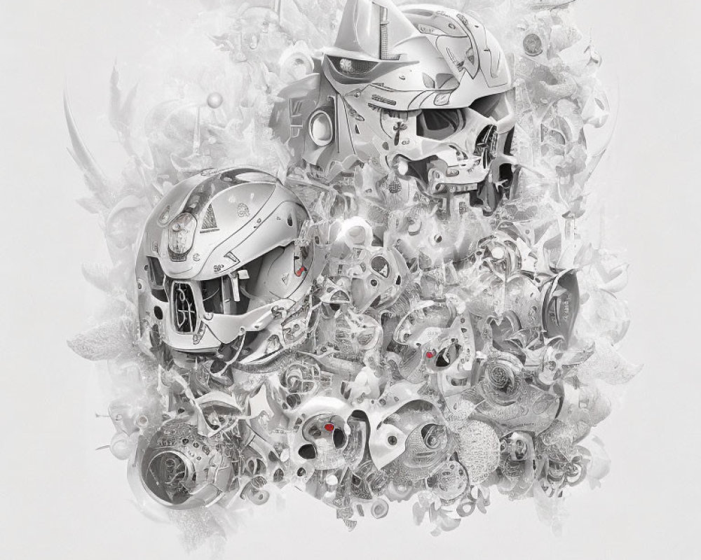 Monochromatic digital artwork of intricate mechanical elements in symmetrical design