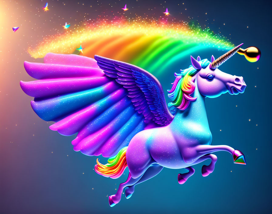 Colorful winged unicorn with rainbow mane in starry sky