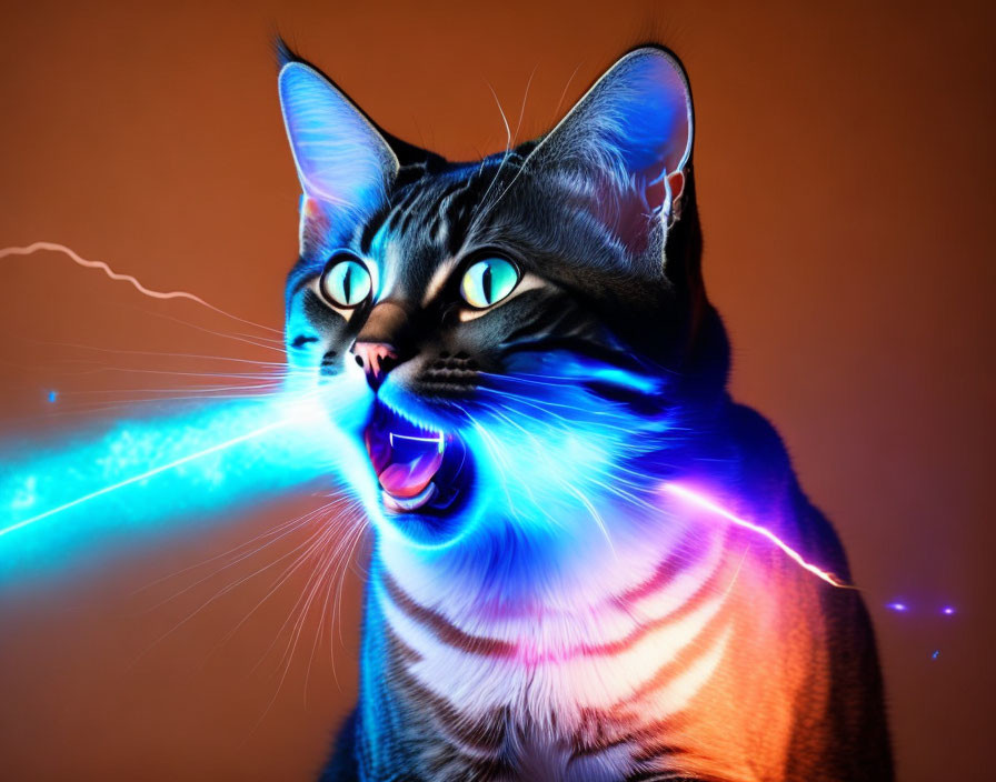 Surreal cat with glowing eyes emits blue laser on orange background