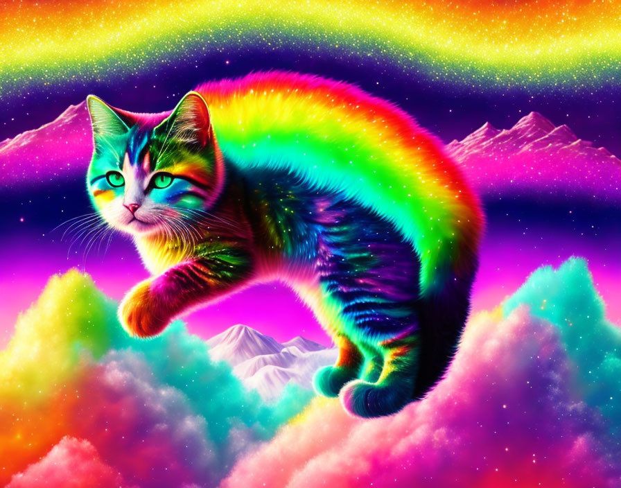 Colorful psychedelic cat with rainbow tail over neon mountains.