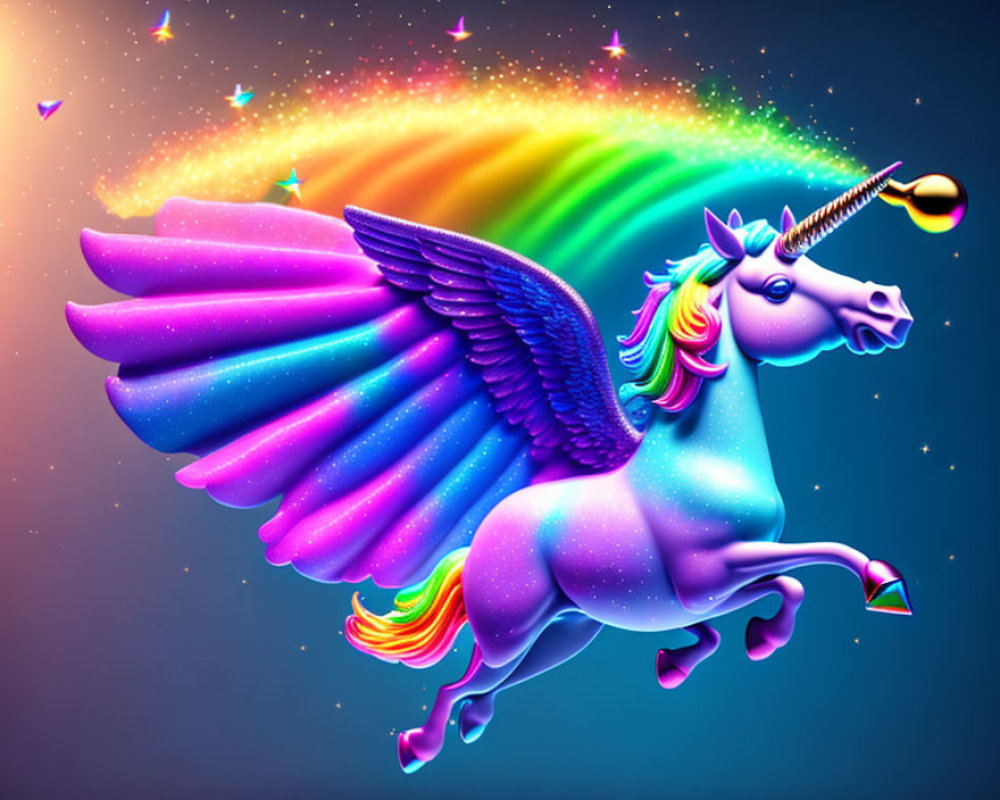 Colorful winged unicorn with rainbow mane in starry sky