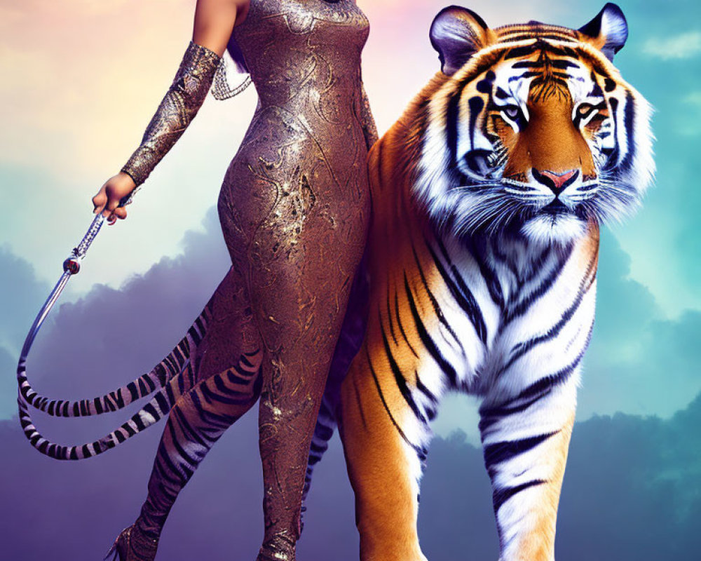 Woman in metallic dress leads standing tiger under twilight sky