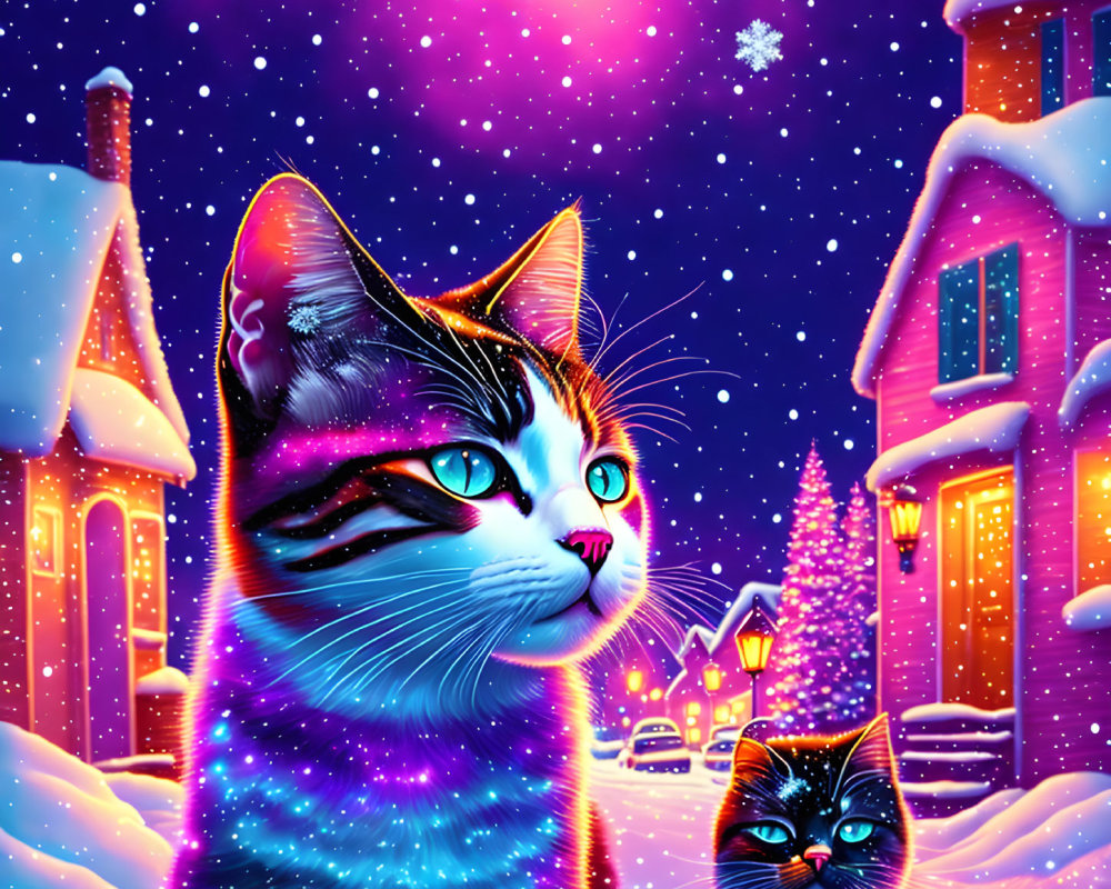 Colorful winter scene with two cats in blue and pink hues