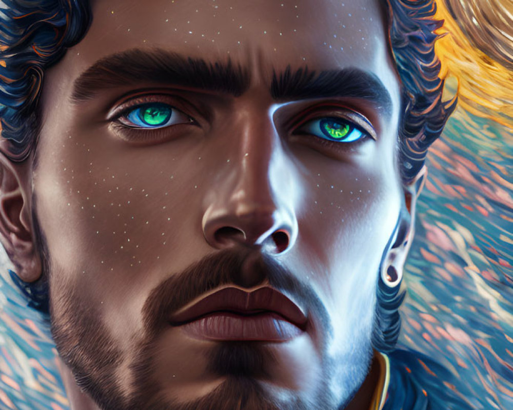 Digital portrait of a man with blue eyes, curly black hair, and a beard against a Van G