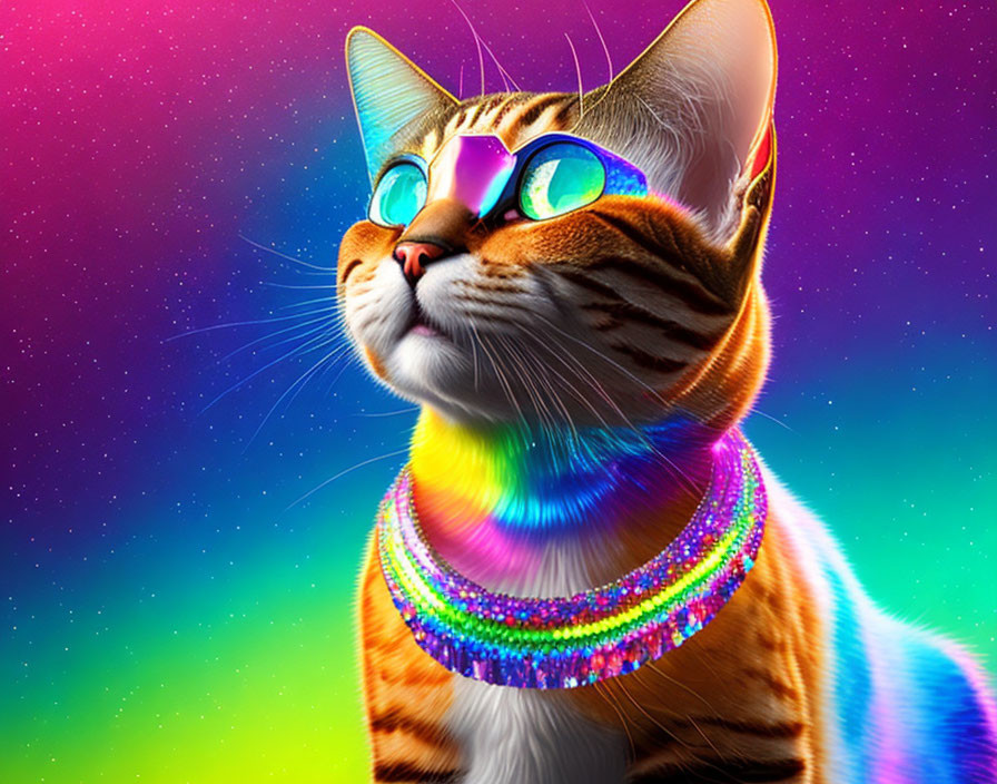 Colorful Cat Artwork with Neon Background and Sunglasses