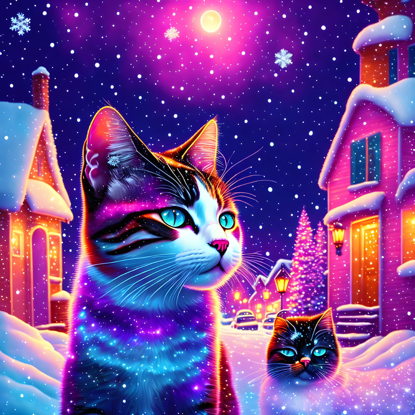 Colorful winter scene with two cats in blue and pink hues