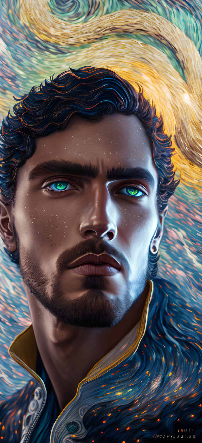 Digital portrait of a man with blue eyes, curly black hair, and a beard against a Van G