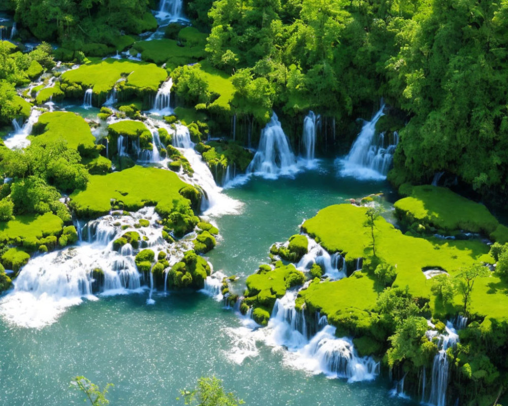 Lush landscape with cascading waterfalls and blue river