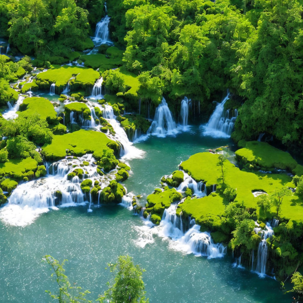 Lush landscape with cascading waterfalls and blue river