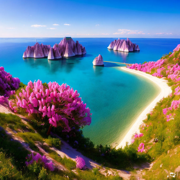 Vibrant pink flowers on beach with turquoise waters and rock formations