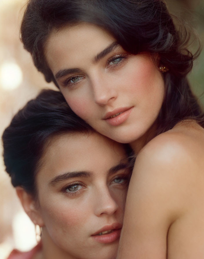 Embracing couple with dark hair and pale skin in soft-focus background