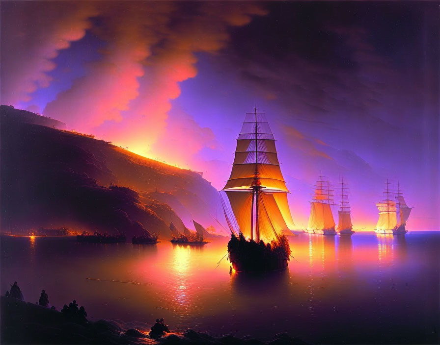 Sailing ship with glowing sails in tranquil twilight bay