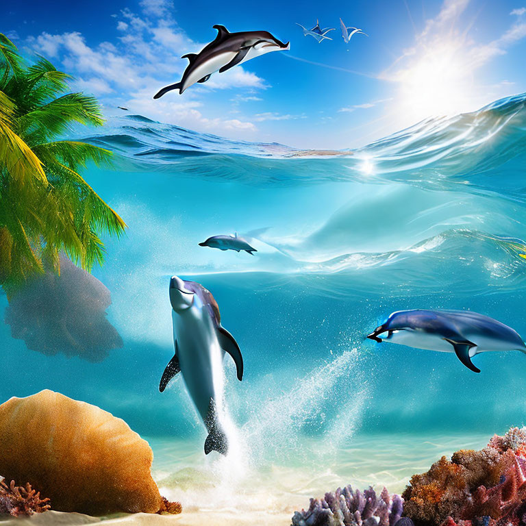 Dolphins Swimming and Leaping Near Tropical Island