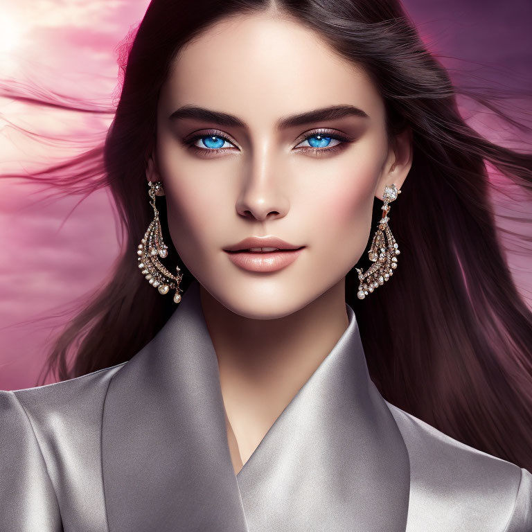 Woman with Striking Blue Eyes in Elegant Attire on Gradient Background