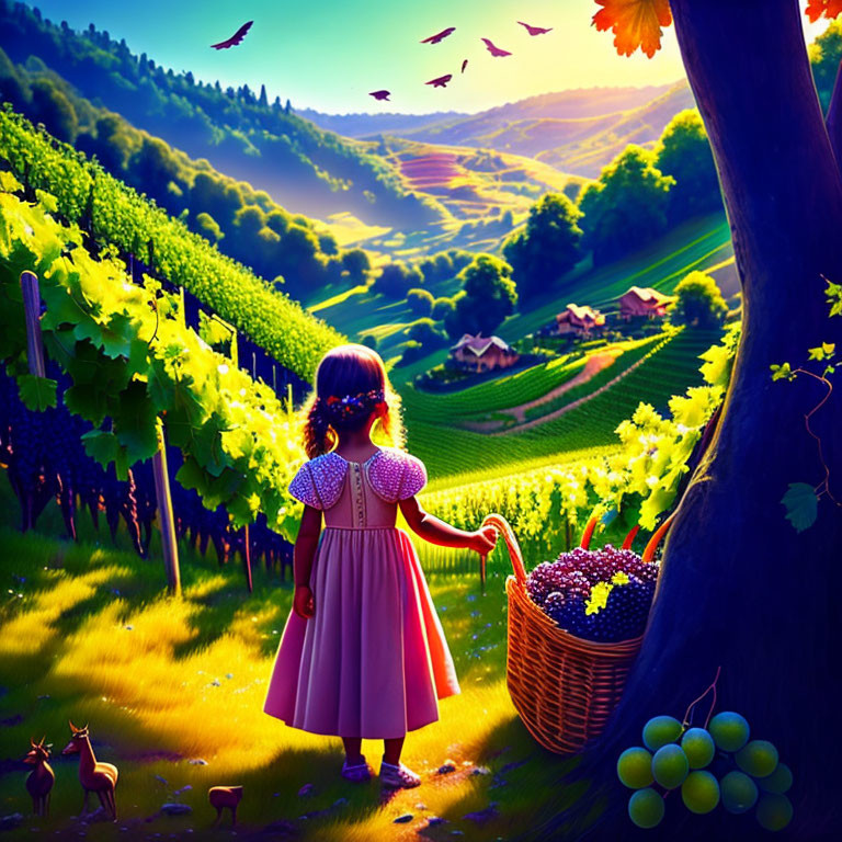 Young girl in pink dress with basket of grapes in lush vineyard with rolling hills and bright sunlight.