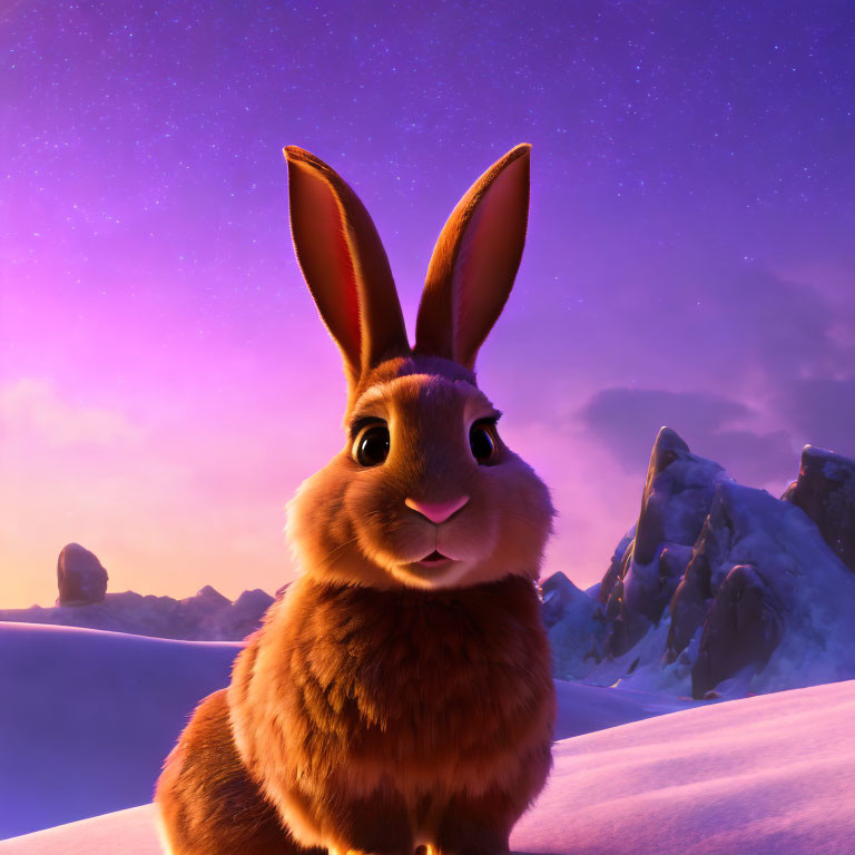 Anthropomorphic brown rabbit in snowy mountain twilight.