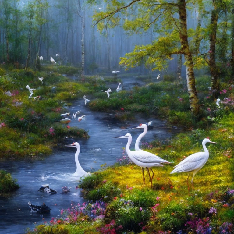 Tranquil forest landscape with winding stream and elegant white birds amid vibrant wildflowers