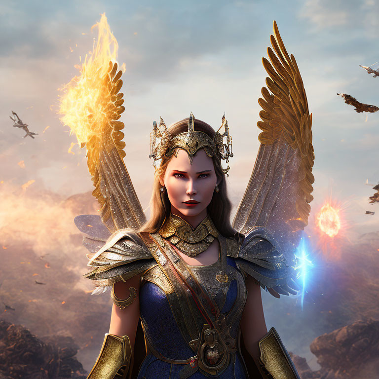 Female warrior with angelic wings and flaming sword in dramatic battlefield.