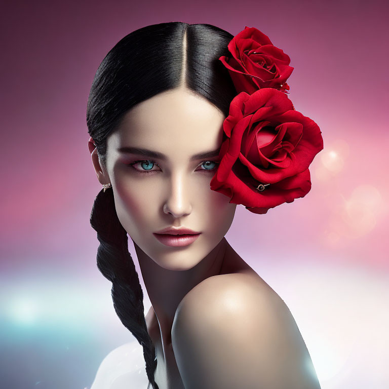 Woman with Black Hair in Side Braid, Red Roses, Blue Eyes, Pink Background