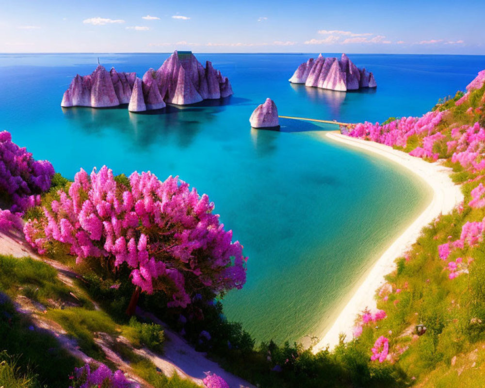 Vibrant pink flowers on beach with turquoise waters and rock formations