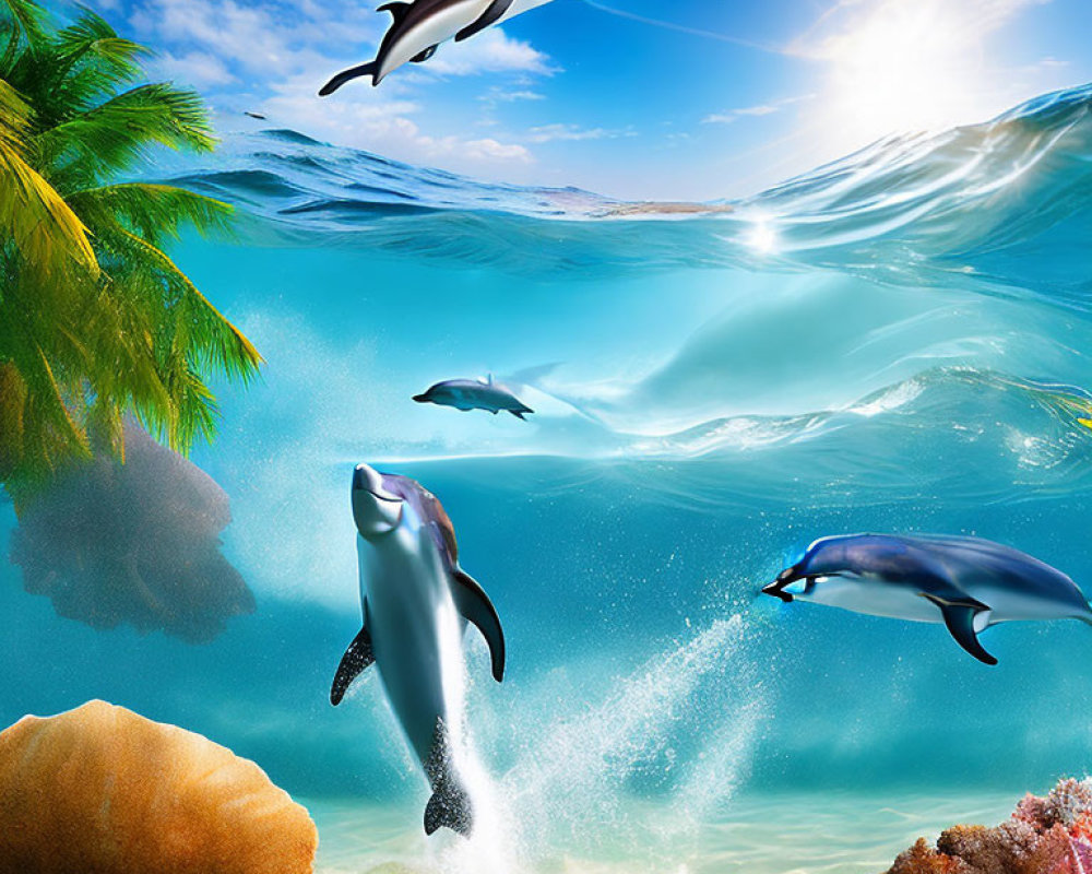 Dolphins Swimming and Leaping Near Tropical Island